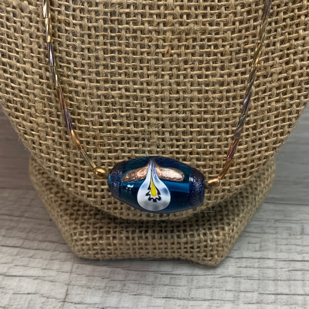 Handmade Blue Lampwork Glass Floral Bead Necklace 20" Copper Tone Bugle Bead5567